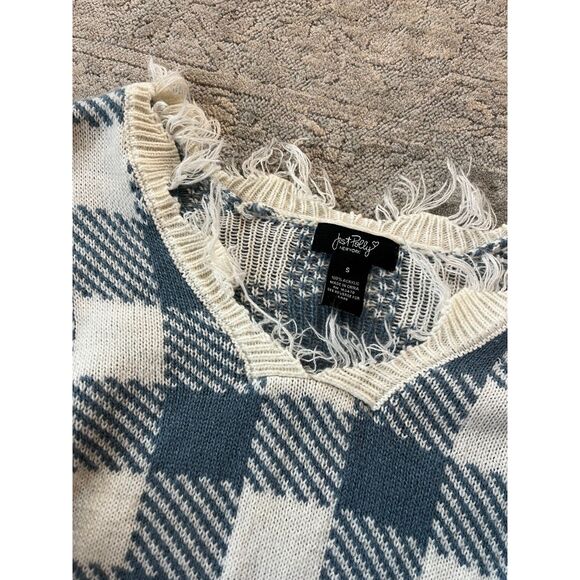 Just Polly Sweater Distressed Blue Checkered V Neck Women Size Small - Picture 3 of 4
